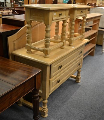 Lot 1049 - Limed oak chest of drawers, pair of limed oak bedside cabinets and a 6ft headboard