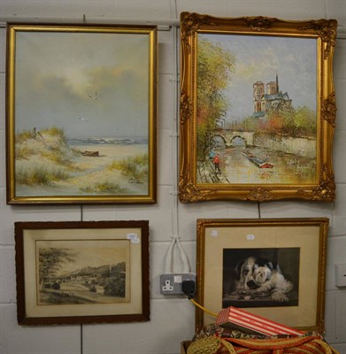 Lot 1067 - Two modern oils on canvas, a needlework and three prints, all within gilt frames