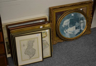 Lot 1069 - A group of decorative framed articles including two hand coloured maps by Robert Morden (stuck...