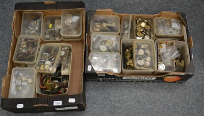 Lot 1096 - Two boxes containing a quantity of watch parts, cases, dials, movements etc