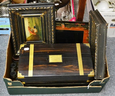 Lot 1104 - A 19th century brass bound rosewood writing slope, pair of oils on wood in ornate frames circa...