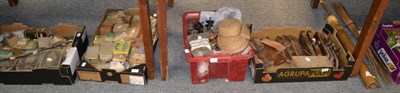 Lot 1108 - Nine boxes of assorted nuts, bolts, nails, veneer, woodworking tools, pierced brass mount, etc