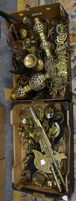 Lot 1117 - Two boxes of brass including horse brasses (three named for Warwick, Winchester and Jersey),...