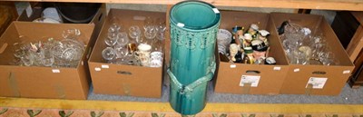 Lot 1121 - Five boxes of Victorian and later drinking glasses and vases, Toby jugs, copper coal scuttle...