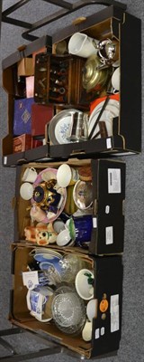 Lot 1139 - Nine boxes of ceramics including two Royal Dux figures, silver plate, glass, prints etc