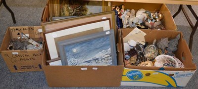 Lot 1145 - Four boxes containing various decorative ceramics and glass including crested wares, cabinet plates