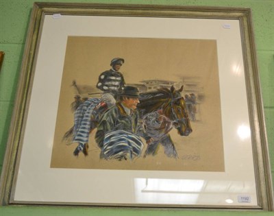 Lot 1192 - Alan Brassington, Race horse with jockey and trainer, pencil and pastel