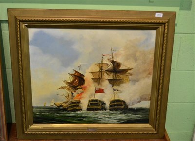 Lot 1205 - J T Serres (20th century) Galleons on a Choppy Sea, oil on metal