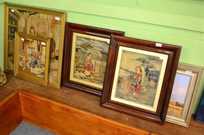 Lot 1208 - A pair of mahogany framed woolwork pictures of young girls and two 19th century petit point...