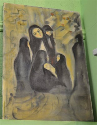 Lot 1213 - Group of Iranian ladies wearing burkhas, oil on canvas, artist unknown