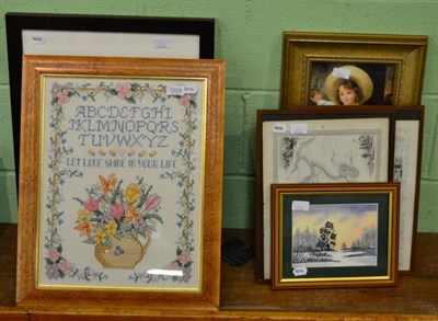 Lot 1224 - A modern cross stitch sampler, four modern acrylics by Patricia Britton, prints, etc