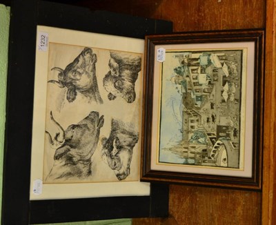 Lot 1232 - A framed Spanish picture of a Town Scene with a Bull Run and a framed picture of Four Bulls