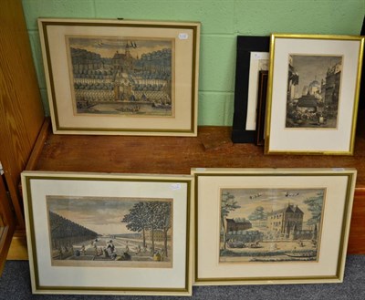 Lot 1233 - Three framed Continental hand coloured engravings of 18th century country houses and a framed print