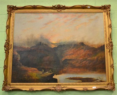 Lot 1234 - C H Roe, large river landscape with figures fishing, oil on canvas, in gilt frame