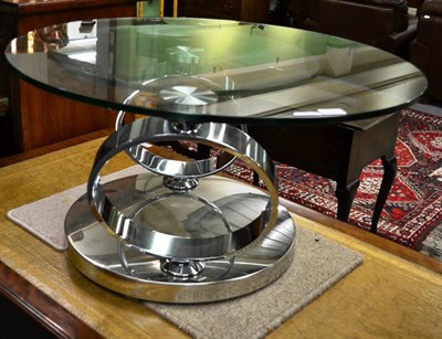 Lot 1281 - Modern chrome double spherical revolving occasional table with two glass tops