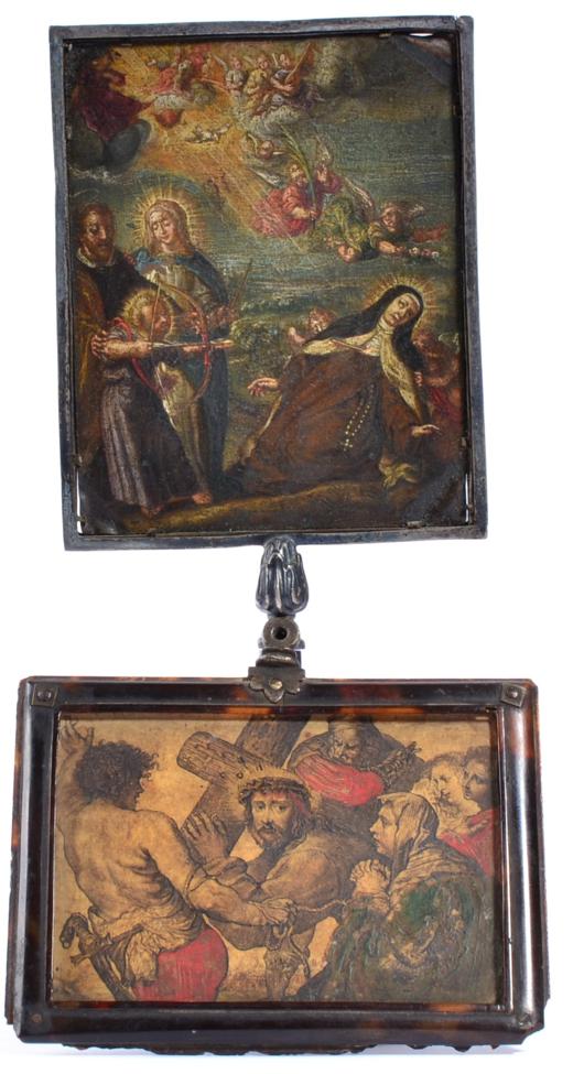 Lot 1 - A Continental White Metal Mounted Copper Devotional Plaque, 17th century , painted with The...