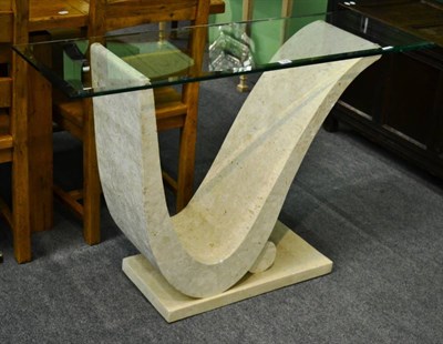 Lot 1294 - Modern faux stone console table with glass top