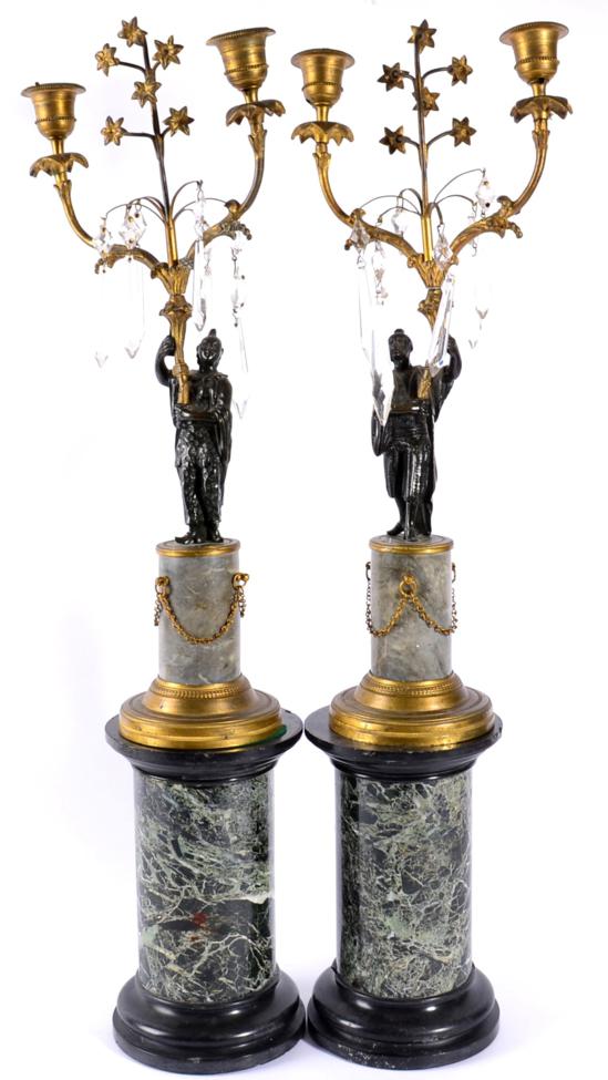 Lot 8 - A Pair of Parcel Gilt, Bronze and Marble Candelabra, in Louis XV style, the branches hung with...