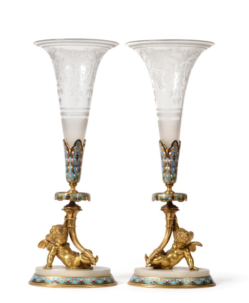 Lot 9 - A Pair of French Gilt Bronze Champlevé Enamel and Onyx Mounted Glass Figural Vases, circa 1860, of