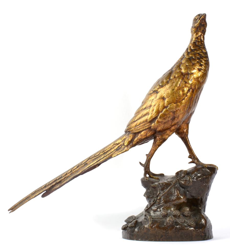 Lot 13 - Leon Bureau (French, 1866-1906): A Gilt and Patinated Bronze Model of a Pheasant, on a...