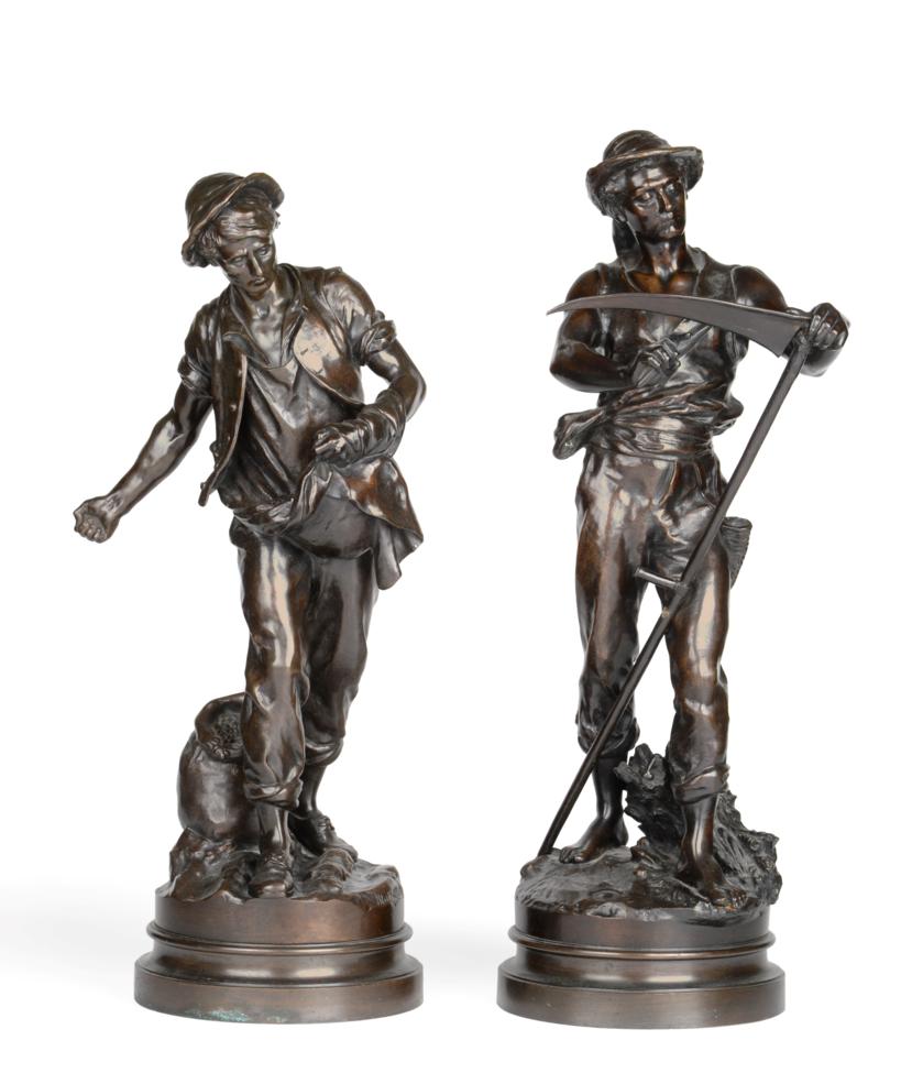 Lot 14 - Mathurin Moreau (French, 1822-1912): A Pair of Bronze Figures of the Sower and the Reaper, each...