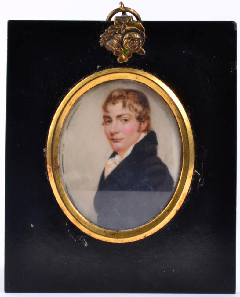 Lot 16 - English School (early 19th century): Miniature Bust Portrait of a Gentleman, wearing a dark...
