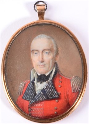 Lot 17 - Barrois: A Miniature Bust Portrait of a Military Gentleman, wearing a red tunic with silver bullion