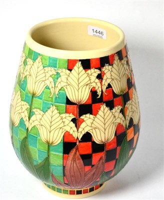 Lot 1446 - A Dennis Chinaworks trial vase, with repeating floral pattern on a geometric ground, 31cm