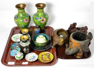 Lot 4 - Two trays including cloisonne enamel, a Victorian terrapin vessel, a carved water buffalo etc