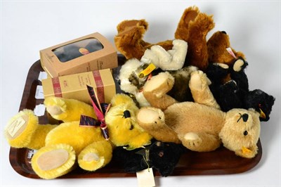 Lot 7 - Three small Steiff coloured jointed bears, three miniature jointed Steiff bears (boxed) another...