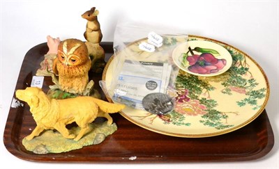 Lot 13 - Satsuma plate and stand, a group of three Border Fine Art figures and owl figure, a small Moorcroft