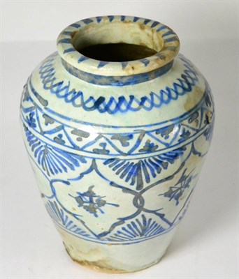Lot 15 - A Persian faience jar, probably 17th century, of baluster form with flared neck, painted in...