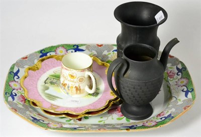 Lot 30 - Mason's platter, Wedgwood Basalt vase and coffee pot and a pair of commemorative plates etc