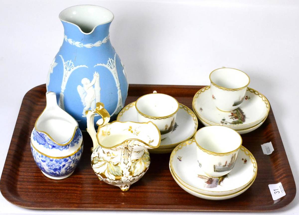 Lot 31 - Amstel porcelain teaware, Rockingham jug, blue and white jug and a Jasperware jug