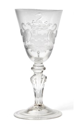 Lot 27 - An Armorial Wine Glass, engraved by Willem Otto Robart, circa 1740, the rounded funnel bowl...