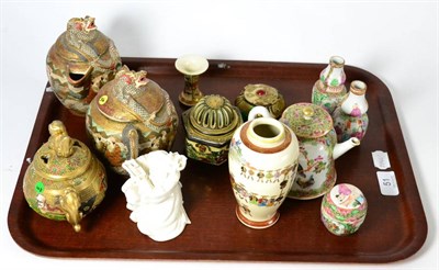 Lot 51 - A tray of Oriental ceramics consisting of, a Satsuma tea pot sugar bowl and cover, two...