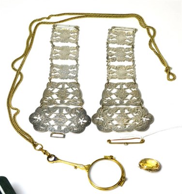 Lot 70 - A diamond set stock pin, a citrine brooch , a pair of lorgnettes on chain and a part belt in...
