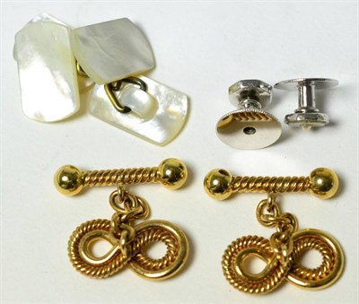 Lot 84 - A pair of 9ct gold rope twist cufflinks together with a mother of pearl pair and a pair of studs