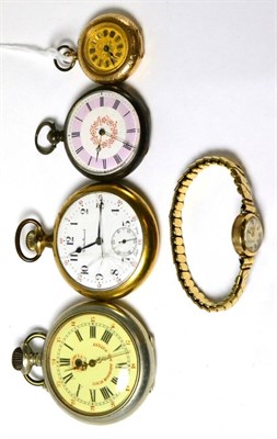 Lot 88 - A lady's fob watch, stamped '14', a lady's fob watch, two pocket watches and a lady's Accurist...