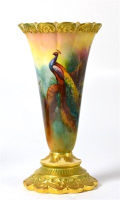 Lot 113 - A Royal Worcester spill vase decorated with a peacock, signed J Southhall