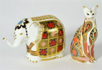 Lot 116 - A Royal Crown Derby elephant and Siamese cat paperweight with gold stoppers