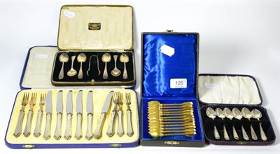 Lot 126 - A George VI six place setting of silver fruit knives and forks, by Mappin and Webb, Sheffield...