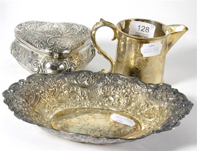 Lot 128 - A silver converted mug, silver repousse dish and a silver box