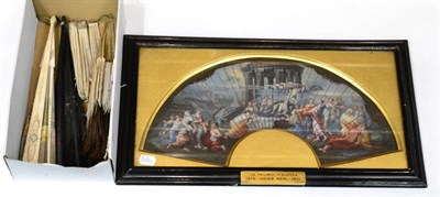 Lot 138 - Framed painted fan mount, titled 'The Triumph of Aurora' in an ebonised frame, 58cm by 32cm;...