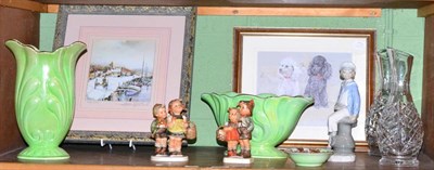 Lot 140 - A Lladro figure, two Hummel groups, a pair of cut glass carafes, two green glaze Maling vases,...