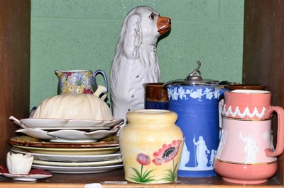 Lot 145 - A shelf of decorative ceramics including a Wedgwood Jasperware jug, a Wiltshaw and Robinson jug and