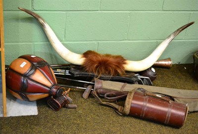 Lot 154 - A cased set of bowls, various golf clubs with bag, a set of mounted works and a copper horn etc...