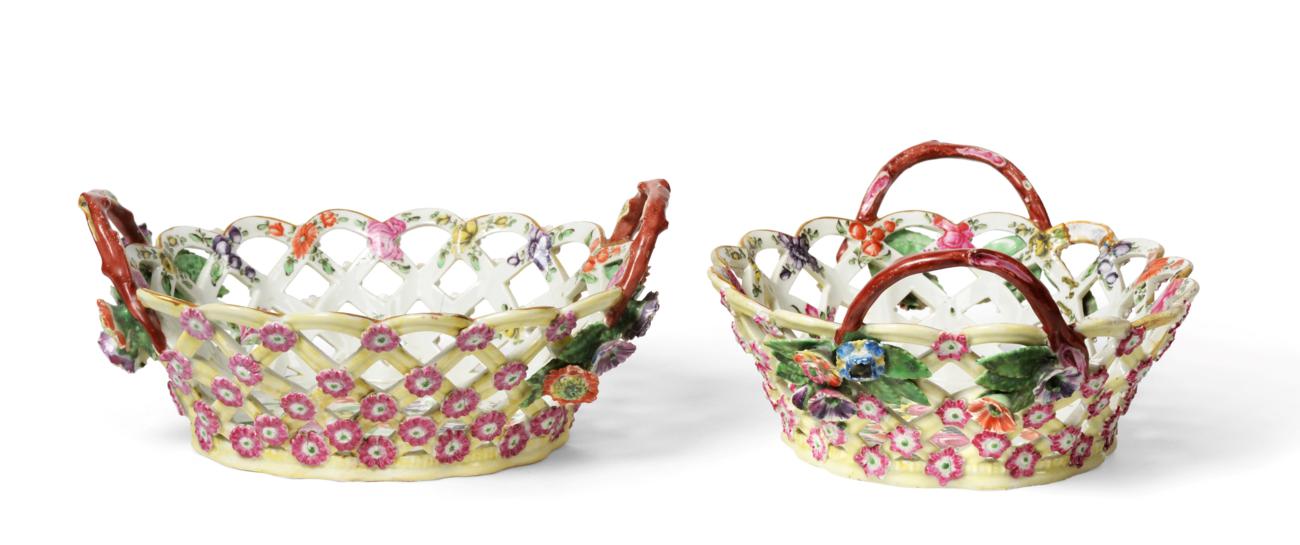 Lot 42 - A Pair of Worcester Porcelain Yellow Ground Baskets, circa 1765, of ovoid form with crabstock...