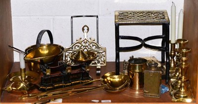 Lot 159 - A quantity of brass items, weighing scales marked Berry & Warmington, small pans, trivet,...