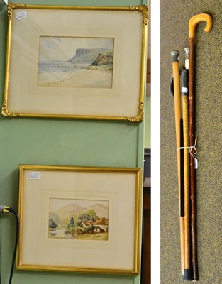 Lot 169 - Two Victorian watercolours, four canes/walking sticks etc